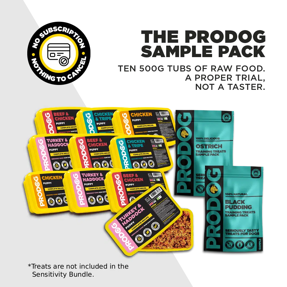 The ProDog Sample Pack — ten 500g tubs of raw food, a proper trial not a taster