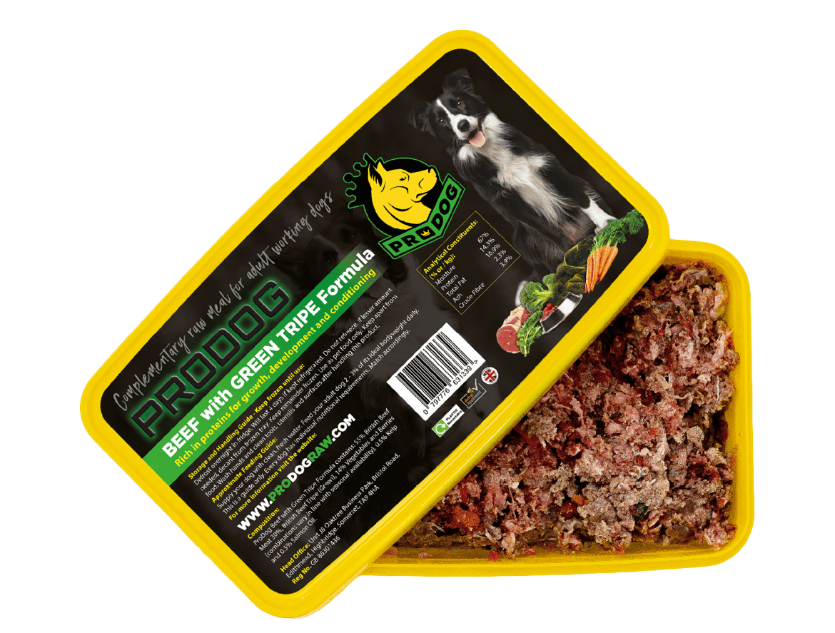A pack shot of our beef and tripe raw dog food meal, a perfect low fat dog food and constipation food