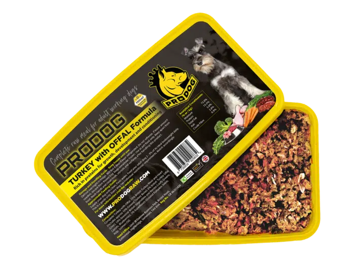 A pack shot of our turkey complete raw dog food meal
