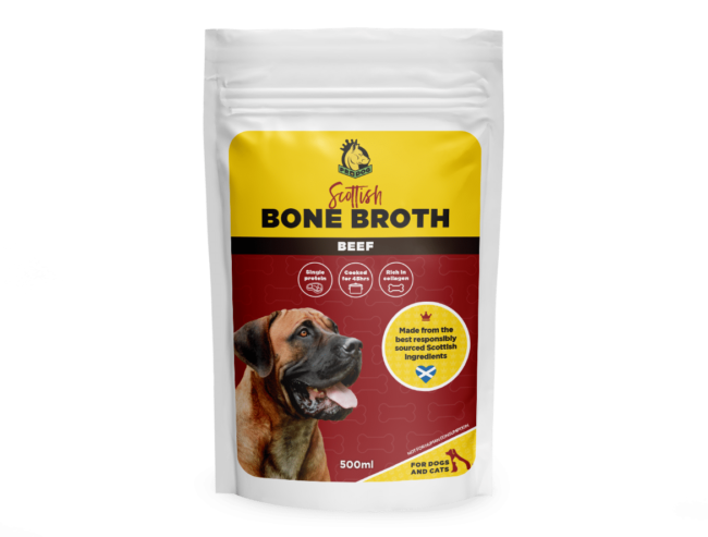 pack shot of beef Bone broth for dogs